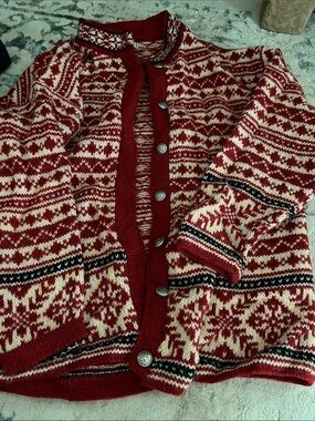 L.L. Bean Red and Cream Fair Isle Knit Cardigan